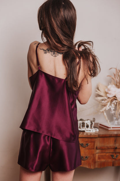 Silk Top with Ties at front and Shorts, "Aurora" Bordeaux
