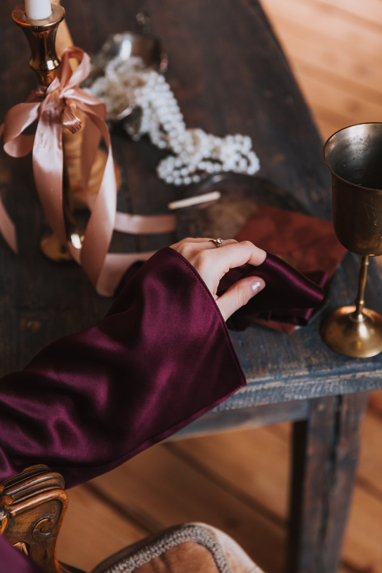 Silk Top with Ties at front and trousers, "Emma" Bordeaux