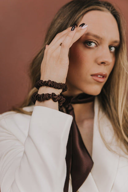 Silk hair scrunchie, Coffee brown