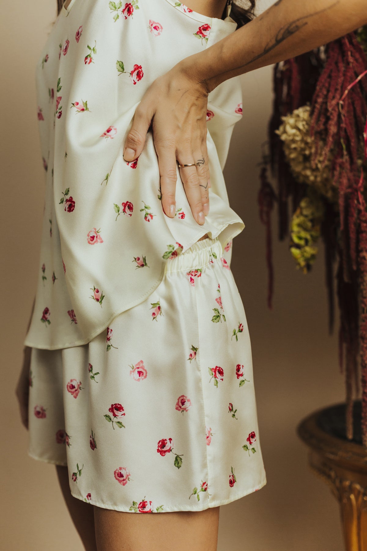 Silk twill pajama set with Top and Shorts "Rose"