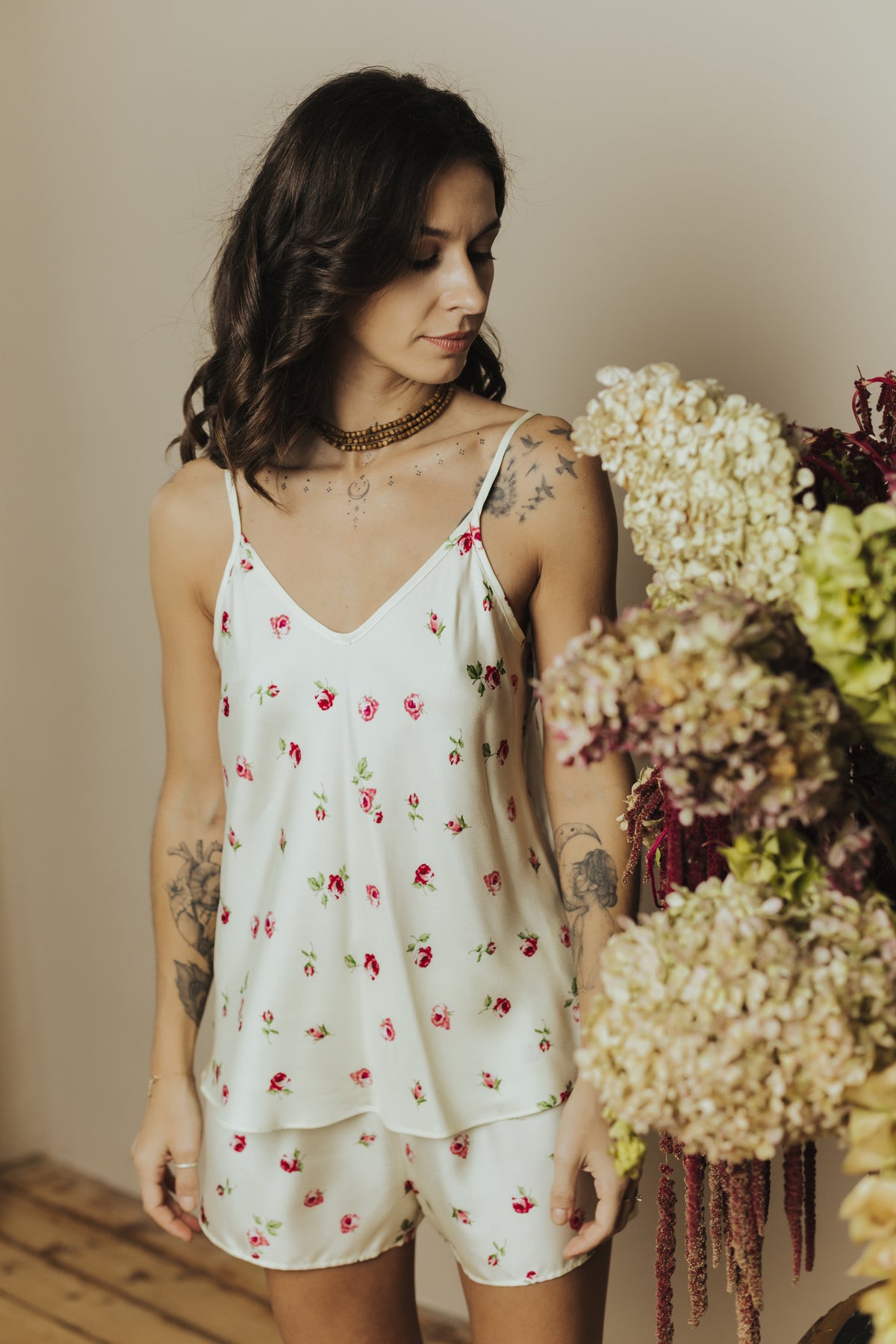 Silk twill pajama set with Top and Shorts "Rose"