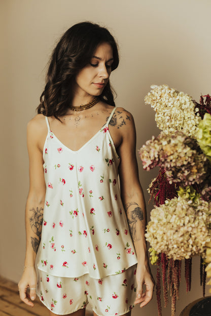 Silk twill pajama set with Top and Shorts "Rose"