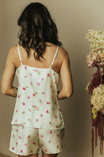 Silk twill pajama set with Top and Shorts "Rose"
