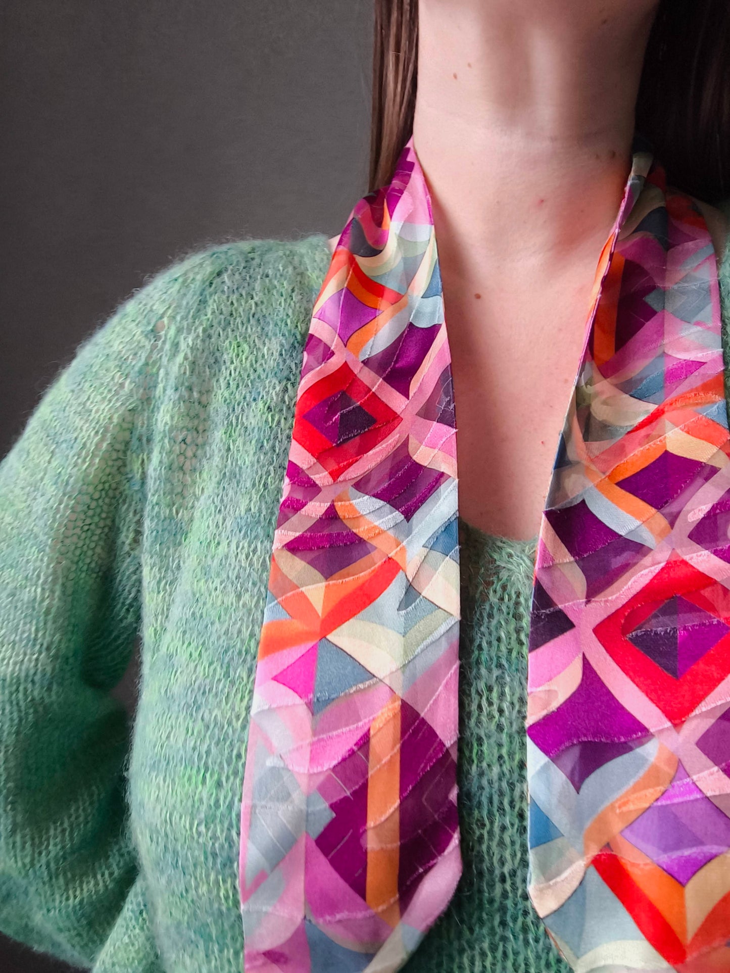 Silk Devore Skinny Scarf, Short "Kelly"