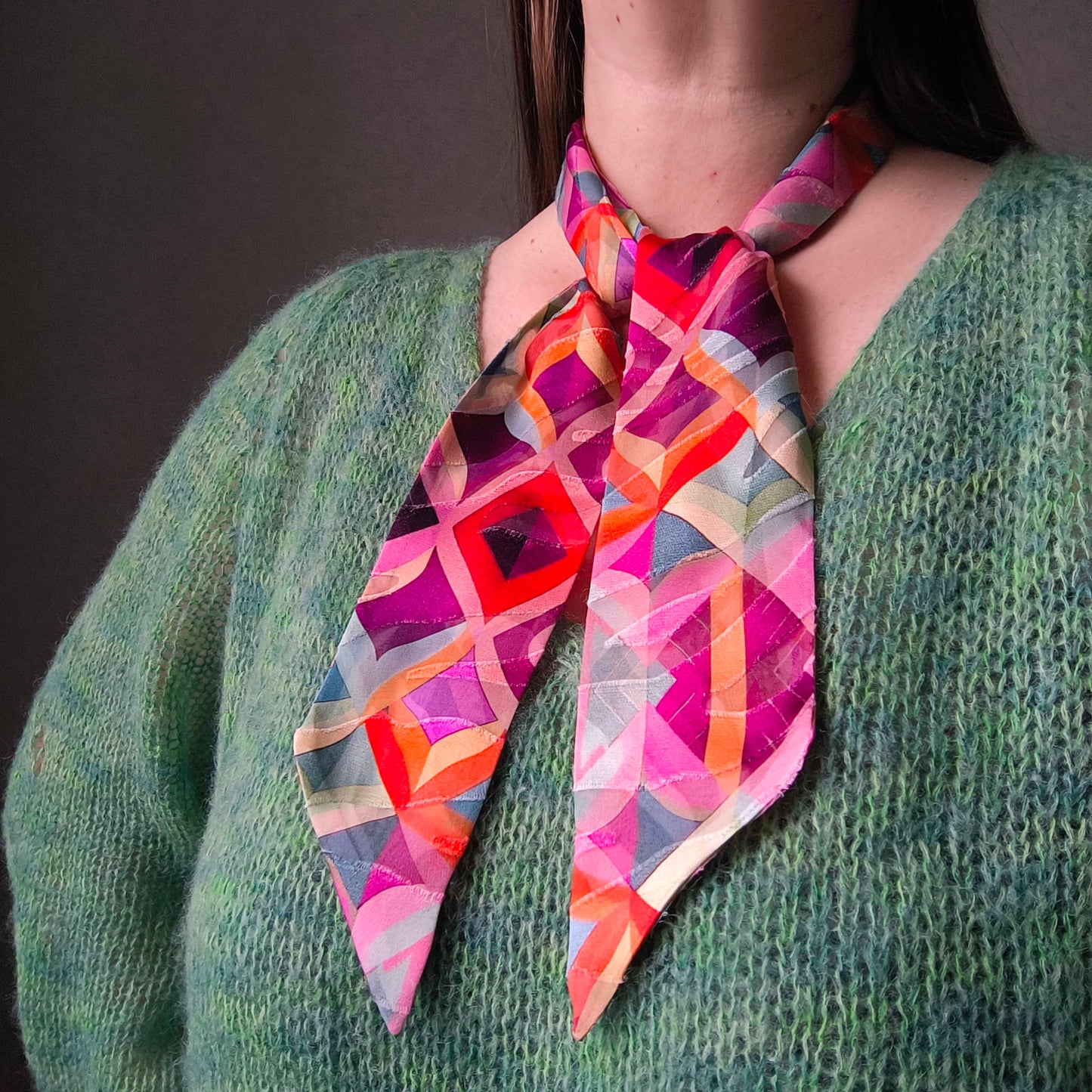 Silk Devore Skinny Scarf, Short "Kelly"