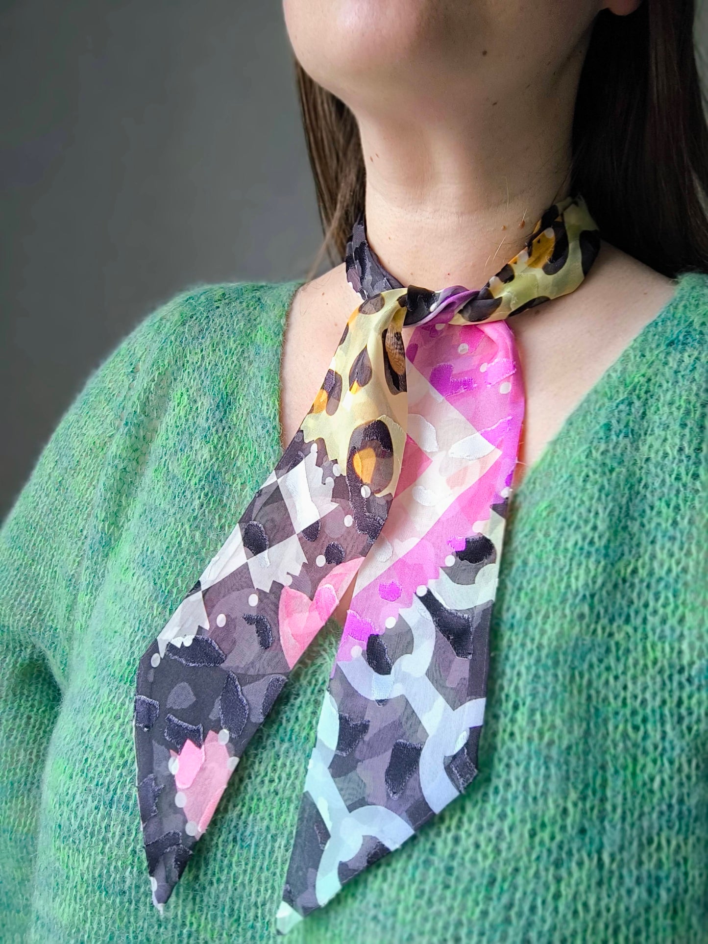 Silk Devore Skinny Scarf, Short "Abigail-1"