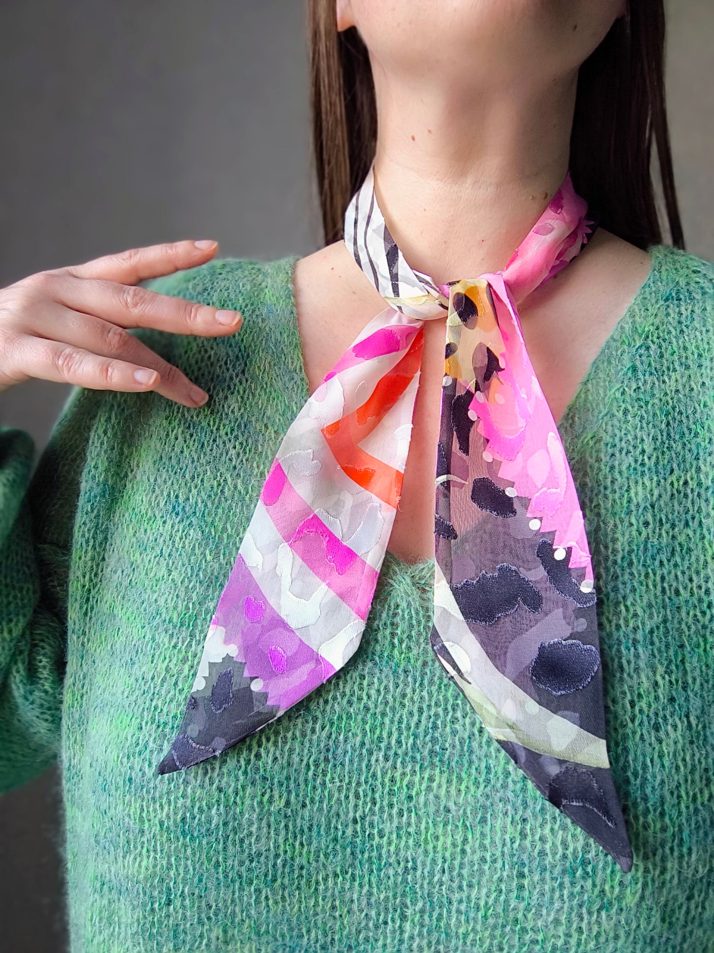 Silk Devore Skinny Scarf, Short "Abigail-2"