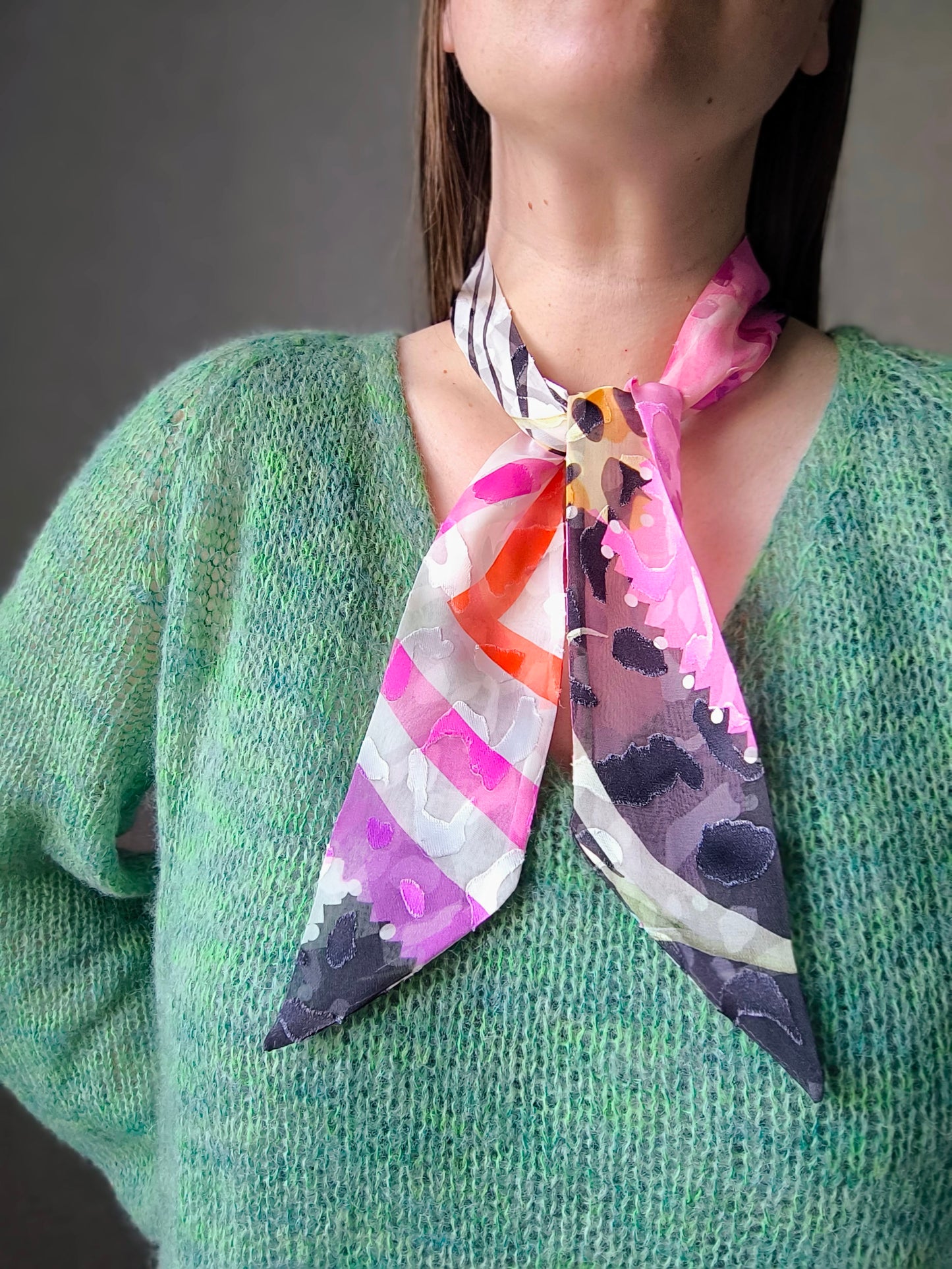 Silk Devore Skinny Scarf, Short "Abigail-2"