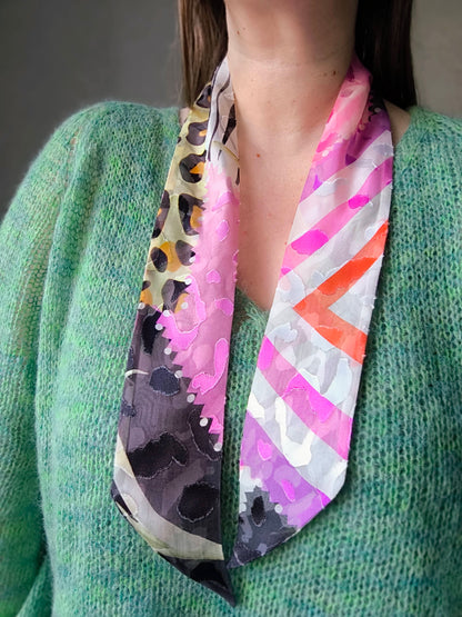 Silk Devore Skinny Scarf, Short "Abigail-2"