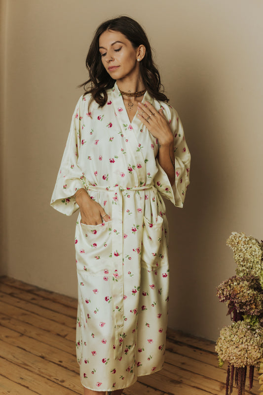 Kimono style long Silk Robe with Pockets, Rose pattern