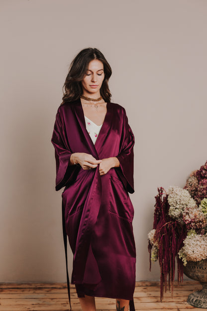 Kimono style long Silk Robe with Pockets, Bordeaux