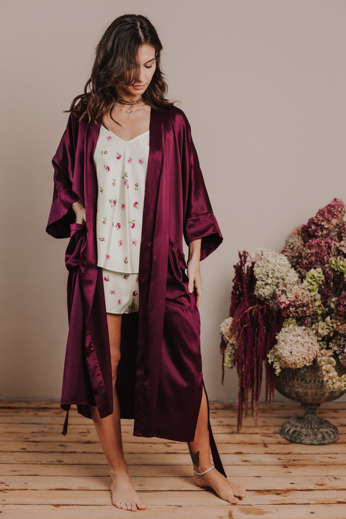 Kimono style long Silk Robe with Pockets, Bordeaux