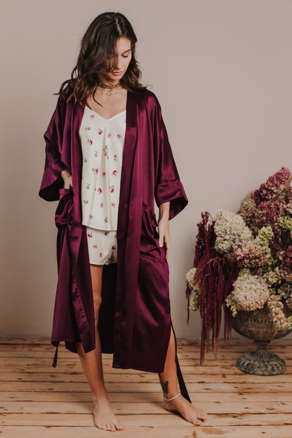 Kimono style long Silk Robe with Pockets, Bordeaux