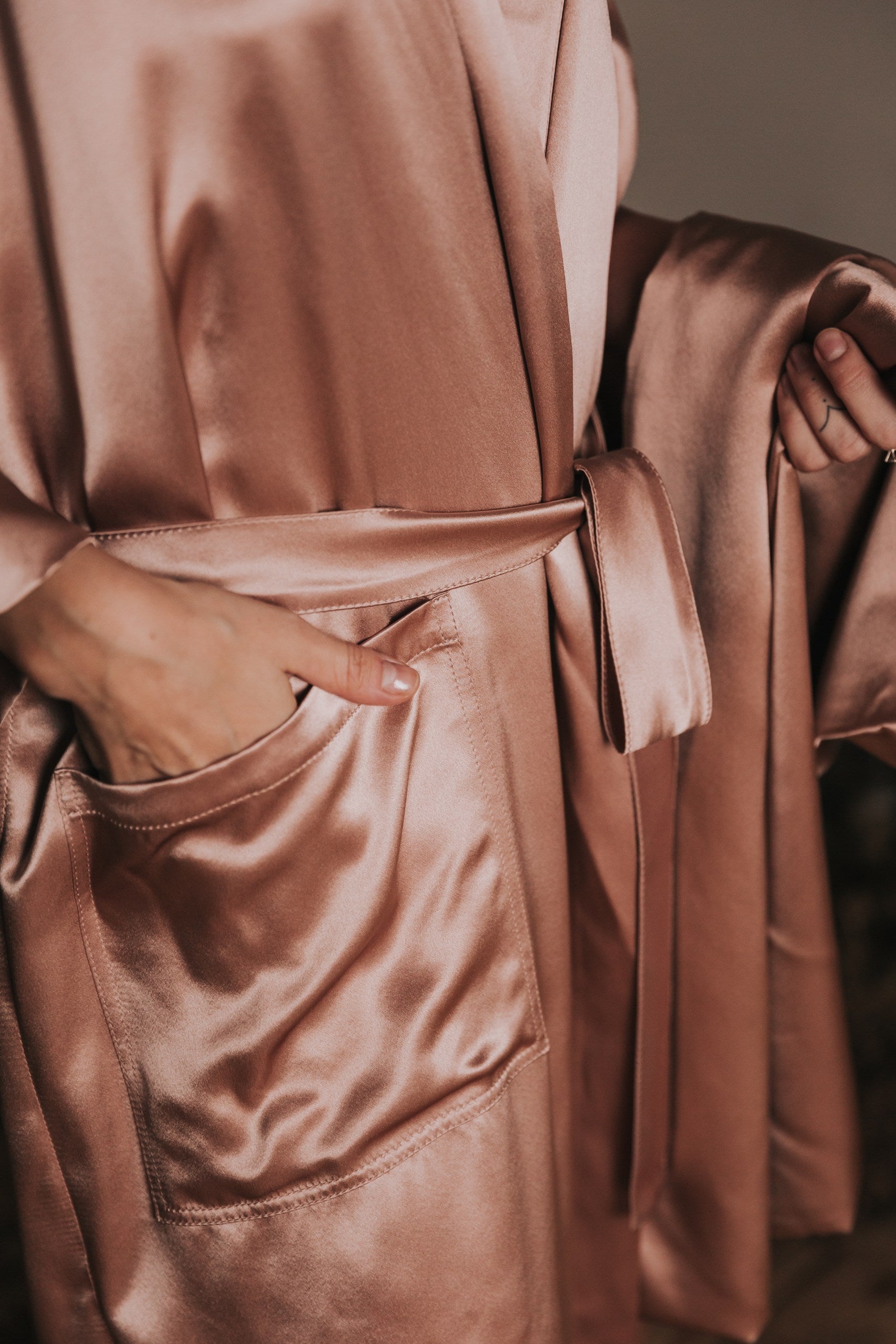 Silk Kimono style long Robe with Pockets, Rose Gold / Silk Nightwear Justne Valdmane Silk Kimono style long Robe with Pockets, Rose Gold / Silk Nightwear Justne Valdmane