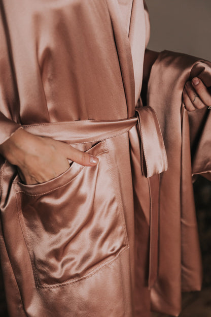 Kimono style long Silk Robe with Pockets, Rose Gold
