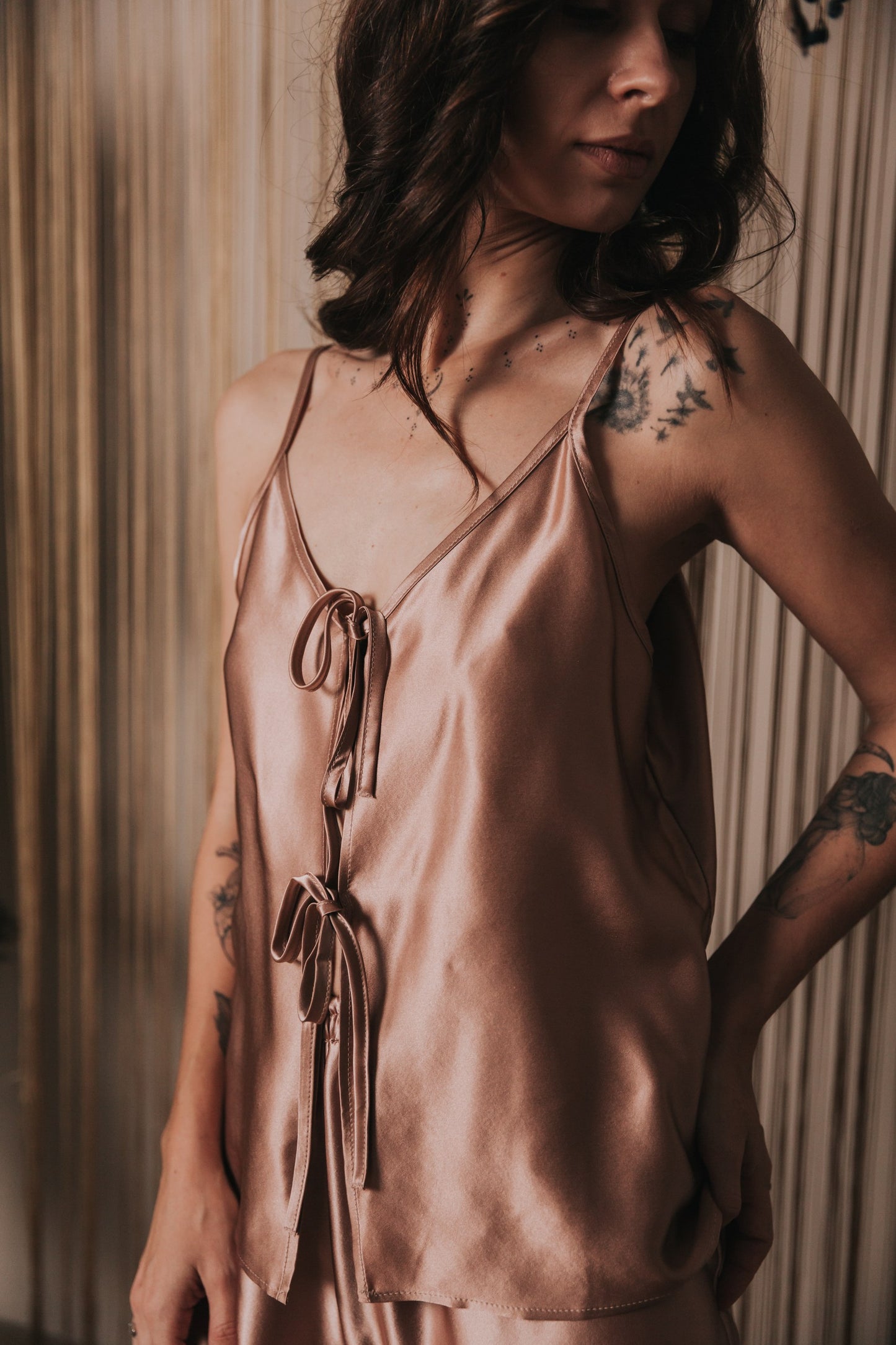 Silk Top with Ties at front and Shorts, "Aurora" Rose Gold