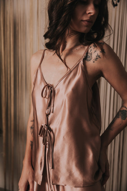 Silk Top with Ties at front and trousers, "Aurora" Rose Gold