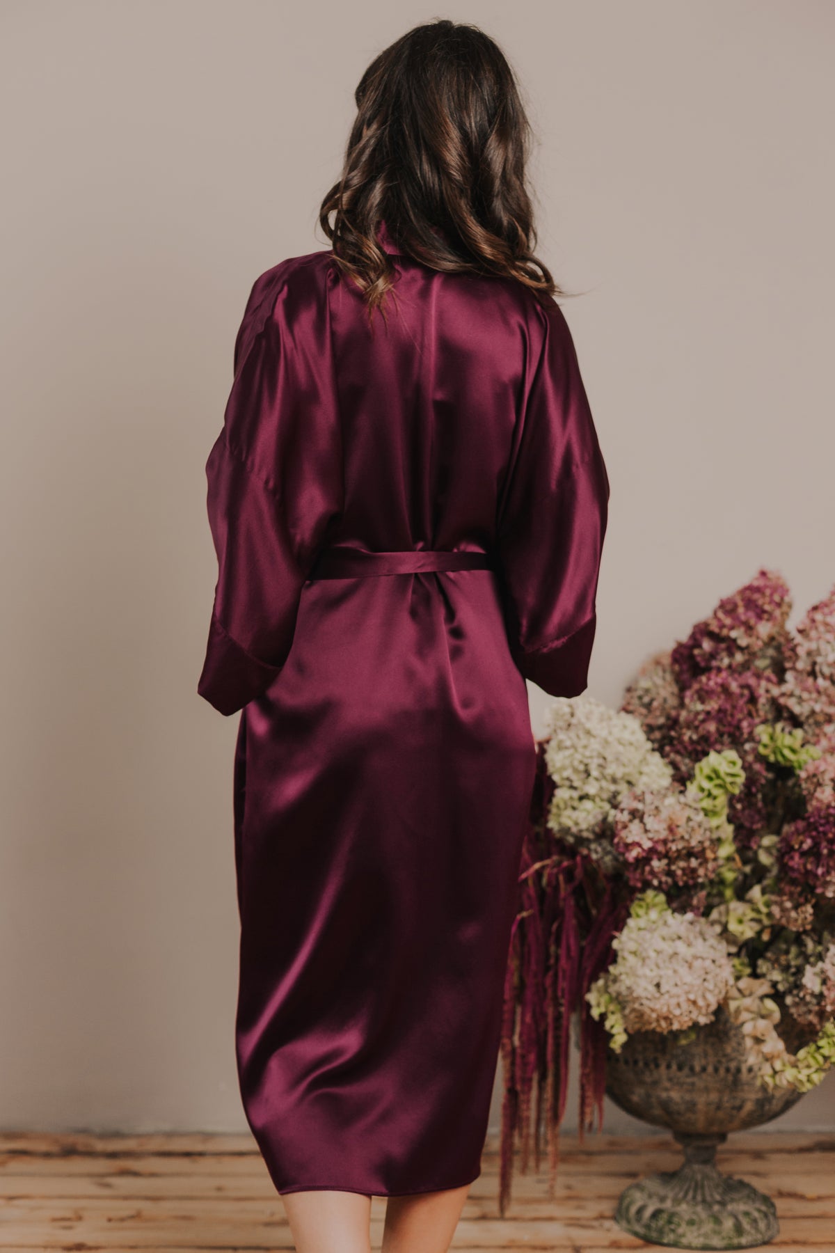Kimono style long Silk Robe with Pockets, Bordeaux