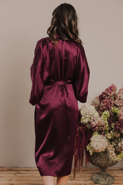Kimono style long Silk Robe with Pockets, Bordeaux