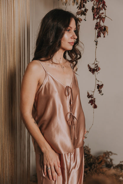 Silk Top with Ties at front and Shorts, "Aurora" Rose Gold