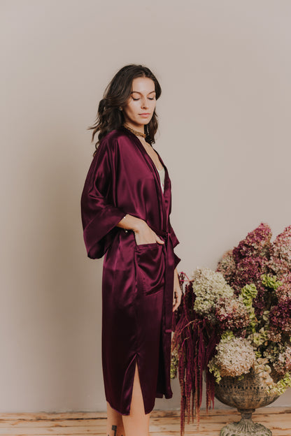 Kimono style long Silk Robe with Pockets, Bordeaux