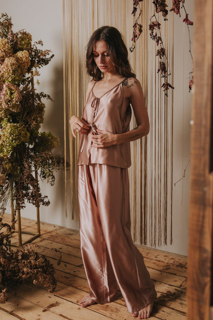 Silk Top with Ties at front and trousers, "Aurora" Rose Gold