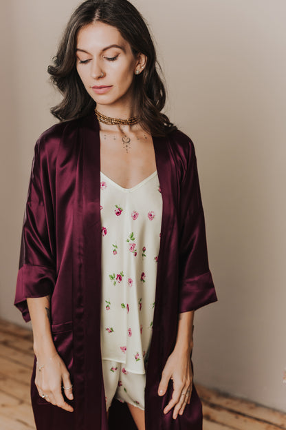 Kimono style long Silk Robe with Pockets, Bordeaux