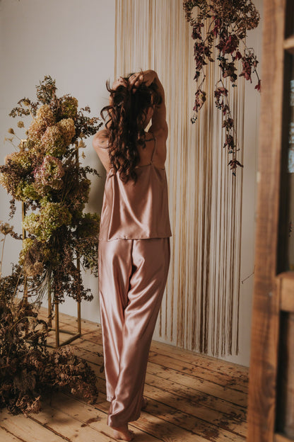 Silk Top with Ties at front and trousers, "Aurora" Rose Gold