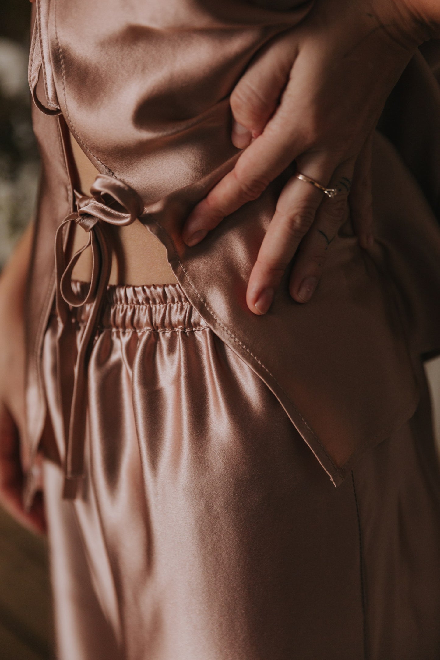 Silk Top with Ties at front and Shorts, "Aurora" Rose Gold