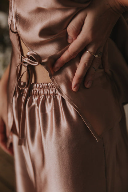 Silk Top with Ties at front and Shorts, "Aurora" Rose Gold