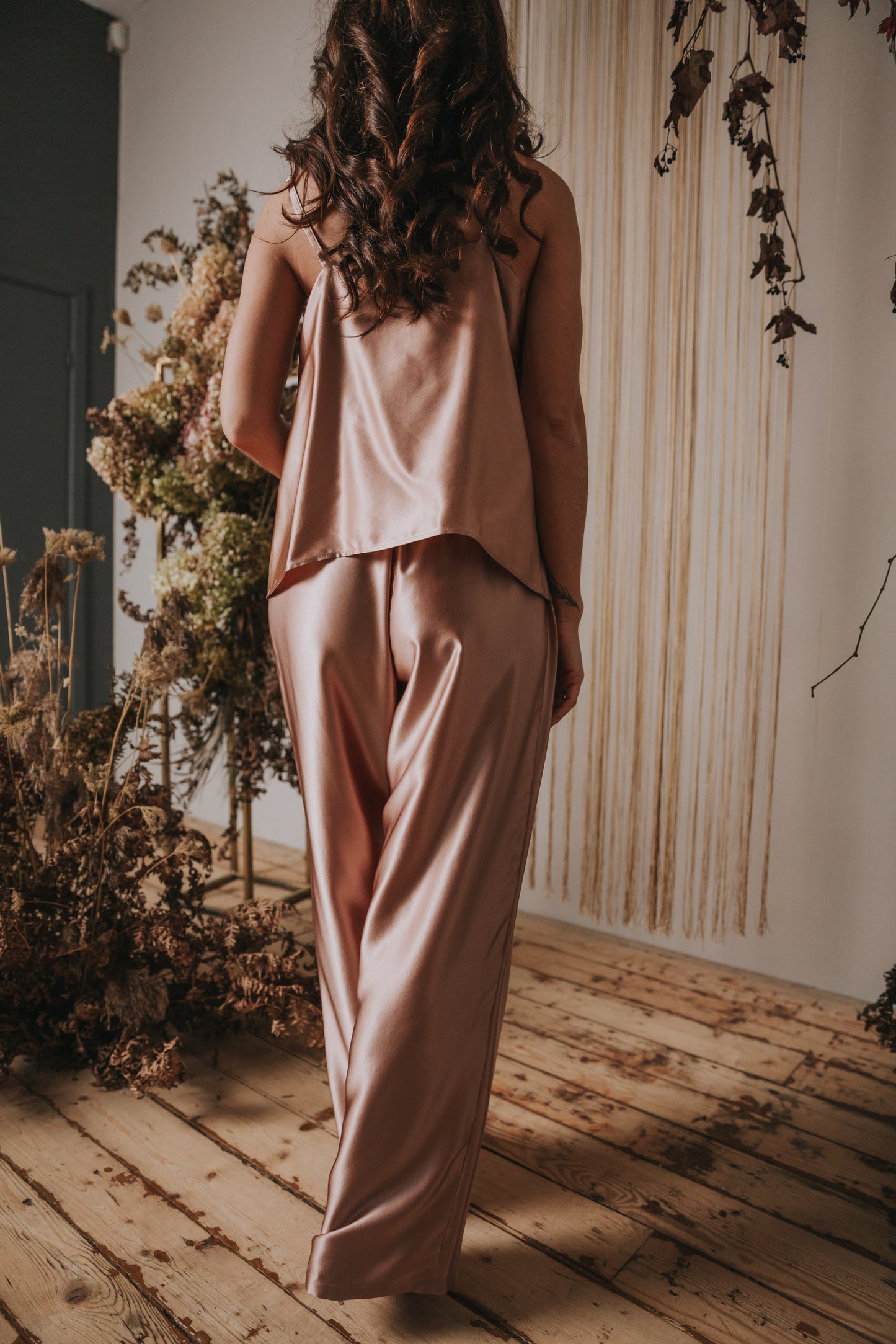 Silk Top with Ties at front and trousers, "Aurora" Rose Gold