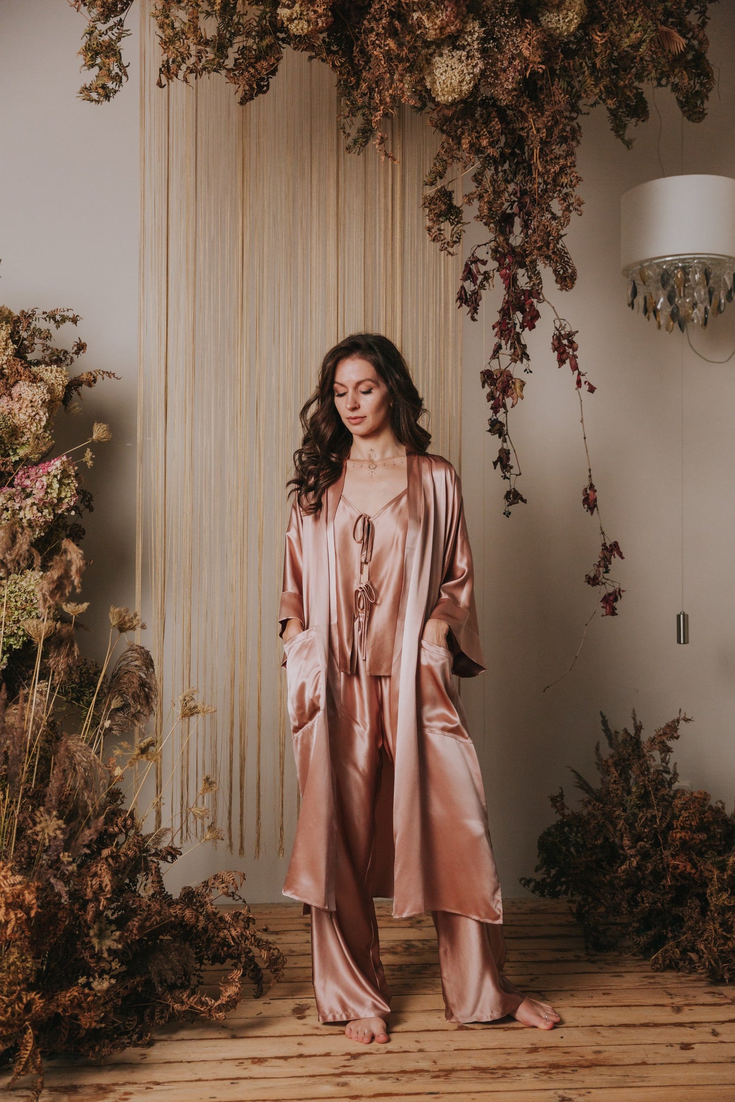 Kimono style long Silk Robe with Pockets, Rose Gold