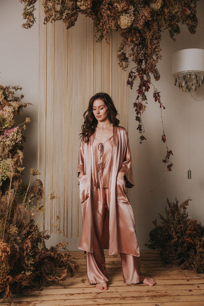 Kimono style long Silk Robe with Pockets, Rose Gold