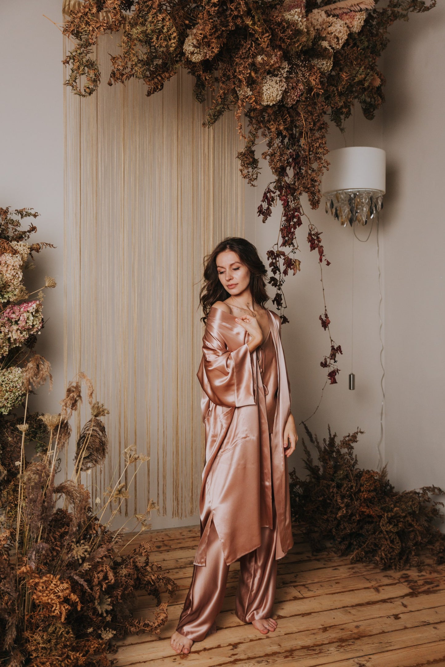 Kimono style long Silk Robe with Pockets, Rose Gold