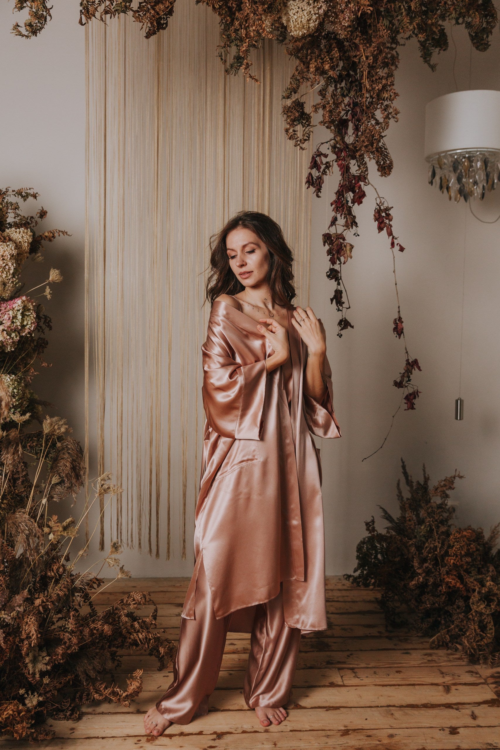 Kimono style long Silk Robe with Pockets, Rose Gold Kimono style long Silk Robe with Pockets, Rose Gold