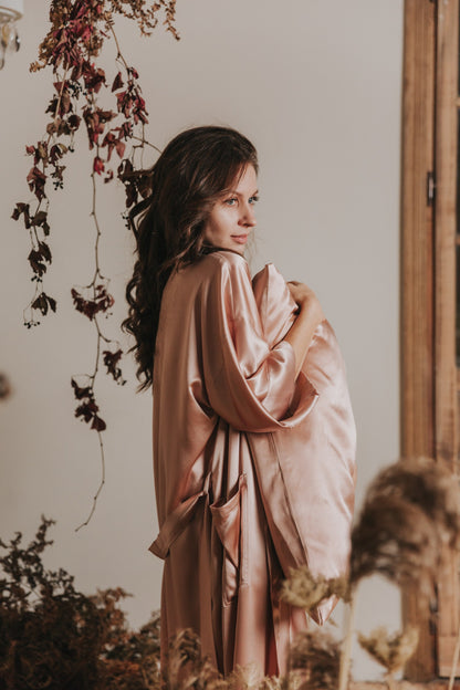 Kimono style long Silk Robe with Pockets, Rose Gold