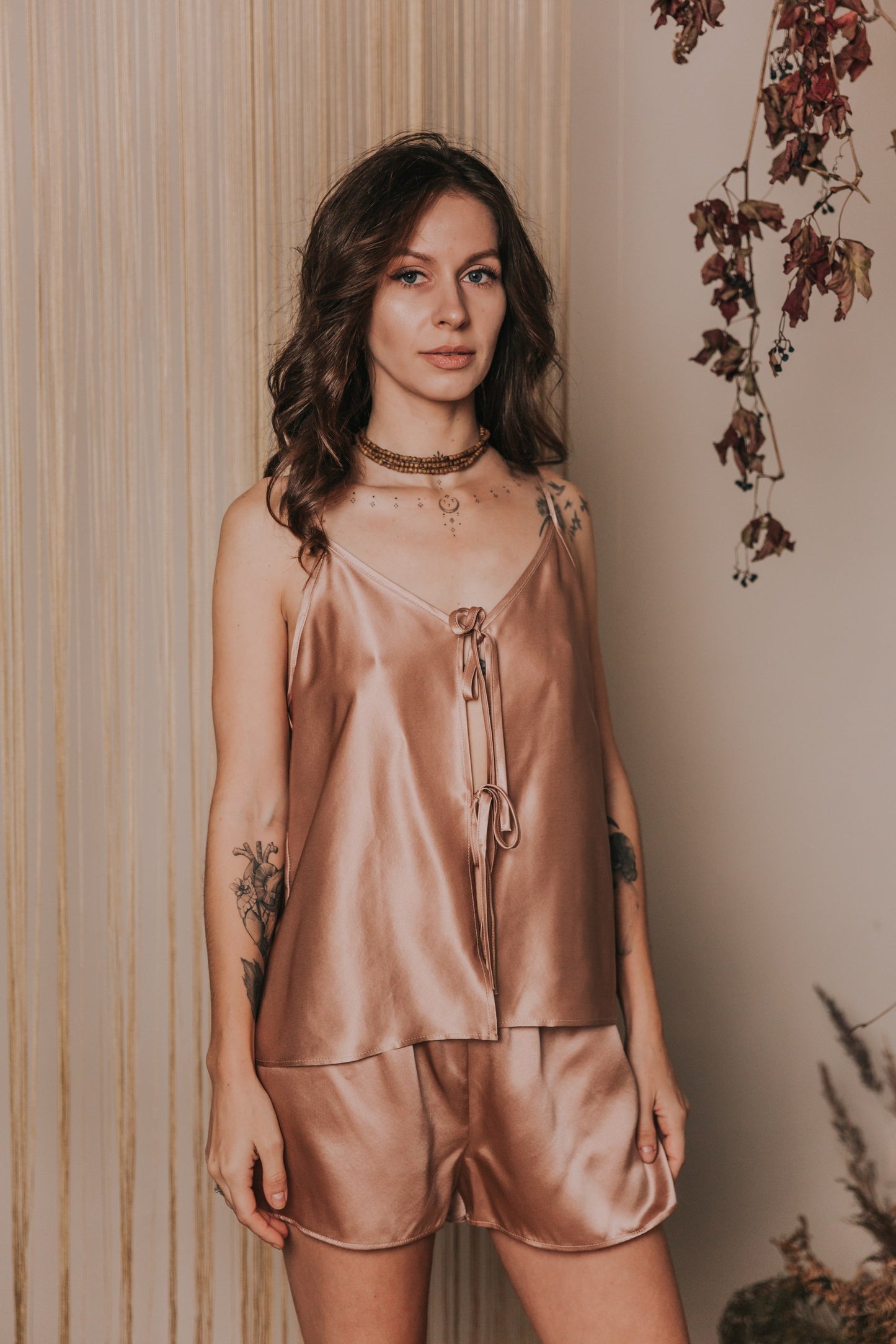 Silk Top with Ties at front and Shorts, "Aurora" Rose Gold