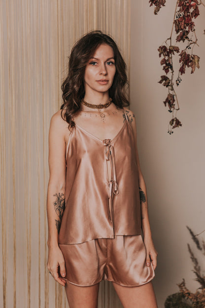 Silk Top with Ties at front and Shorts, "Aurora" Rose Gold