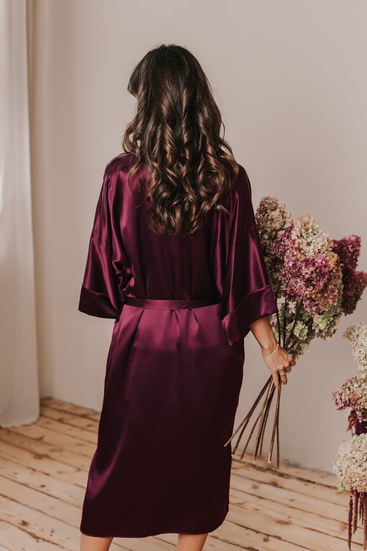 Kimono style long Silk Robe with Pockets, Bordeaux