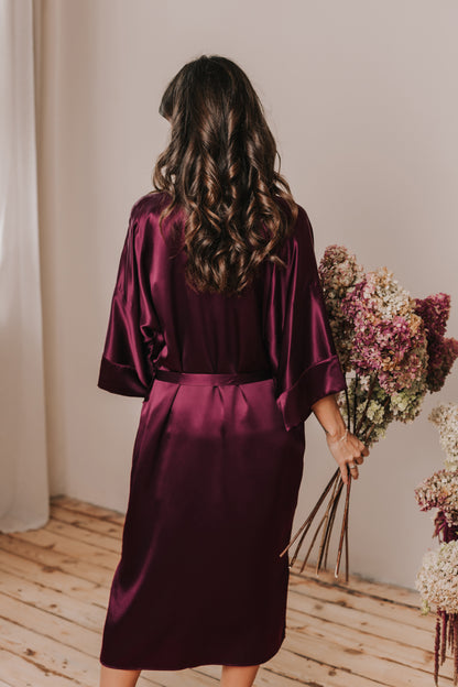 Kimono style long Silk Robe with Pockets, Bordeaux