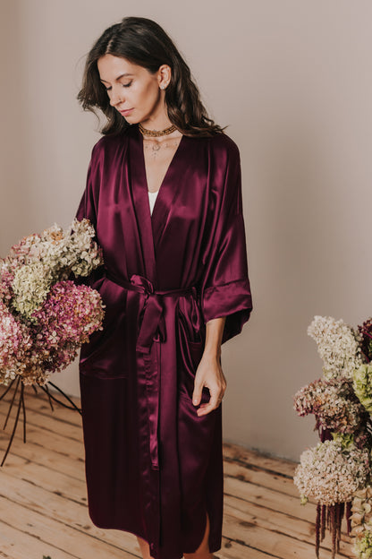Kimono style long Silk Robe with Pockets, Bordeaux