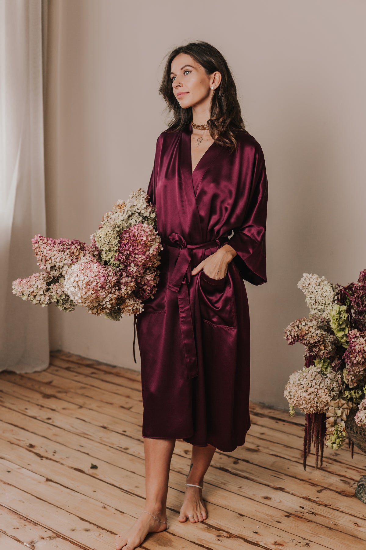 Kimono style long Silk Robe with Pockets, Bordeaux