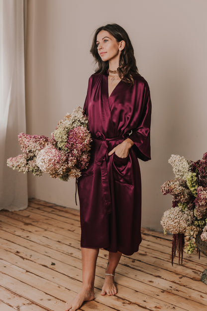 Kimono style long Silk Robe with Pockets, Bordeaux