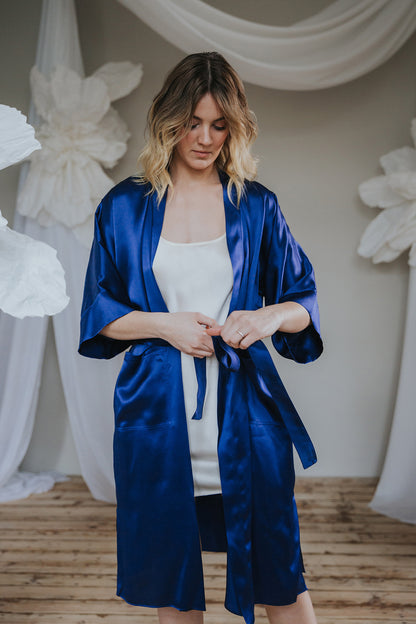 Kimono style long Silk Robe with Pockets, Navy Blue