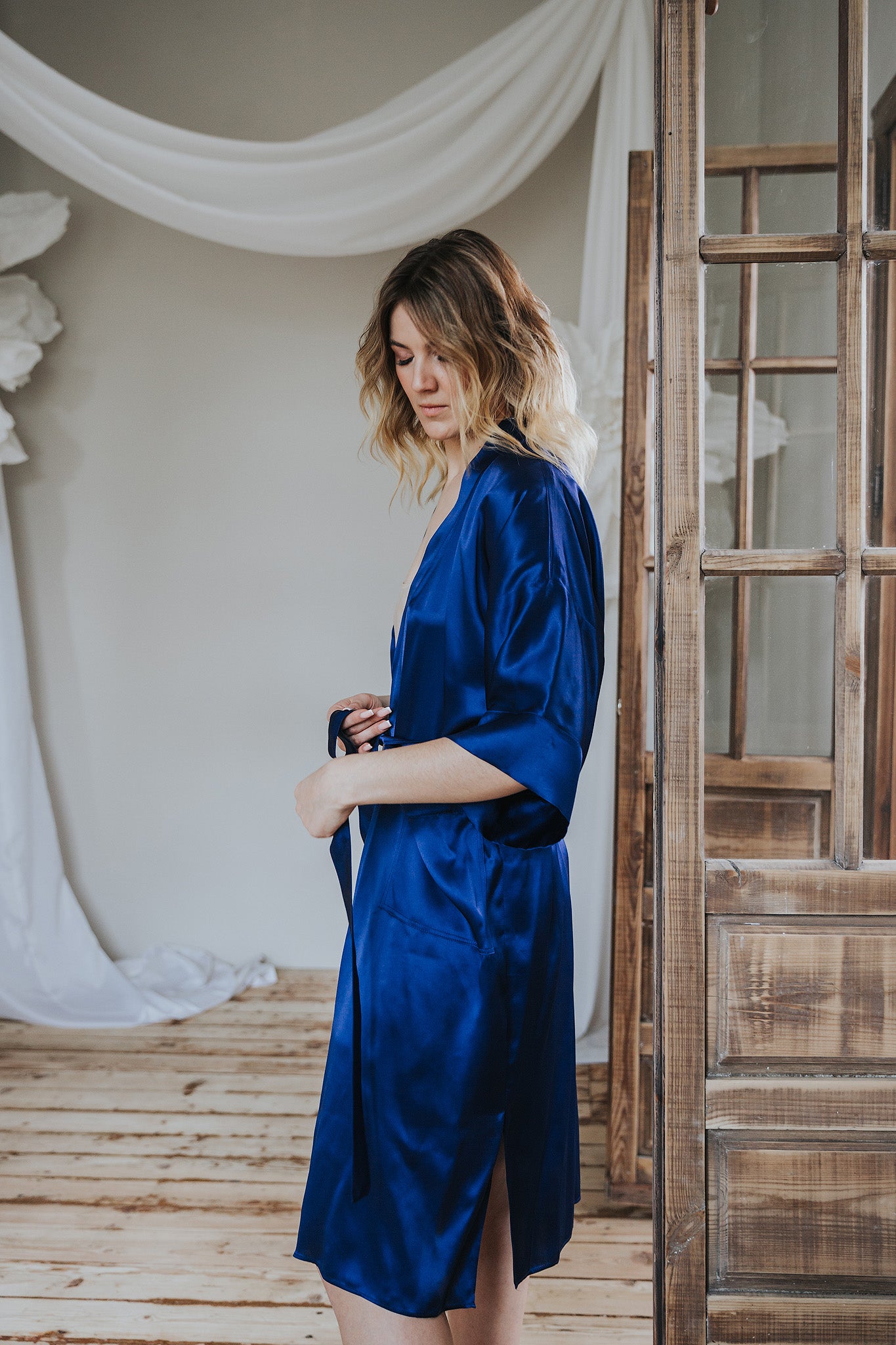 Kimono style long Silk Robe with Pockets, Navy Blue