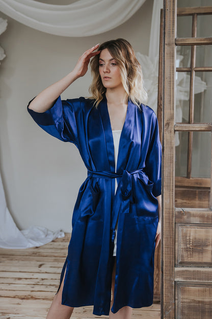 Kimono style long Silk Robe with Pockets, Navy Blue