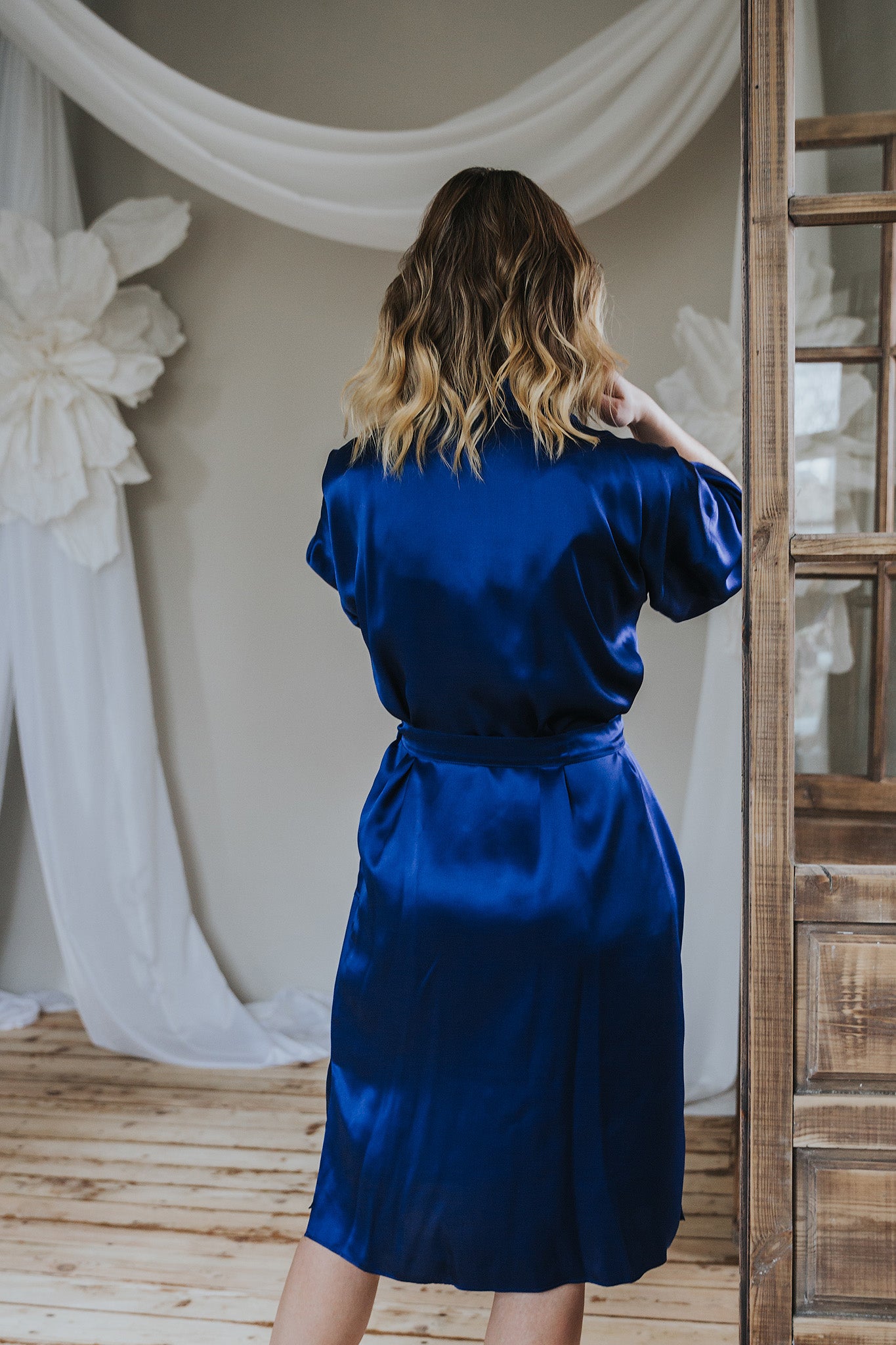 Kimono style long Silk Robe with Pockets, Navy Blue