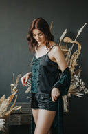 Silk pajama with Velvet Floral Print, Black