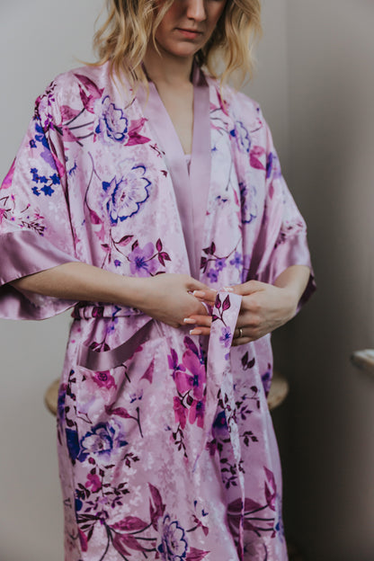 Kimono style long Robe with Pockets, Lavender