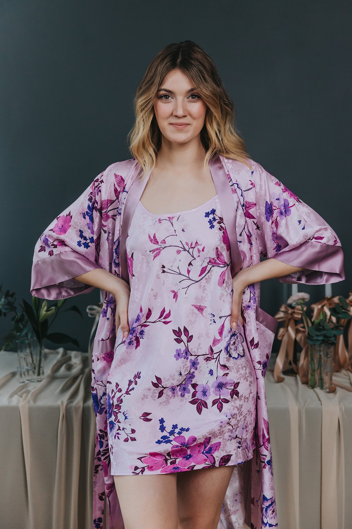 Silk nightgown with Floral Pattern, Lavender